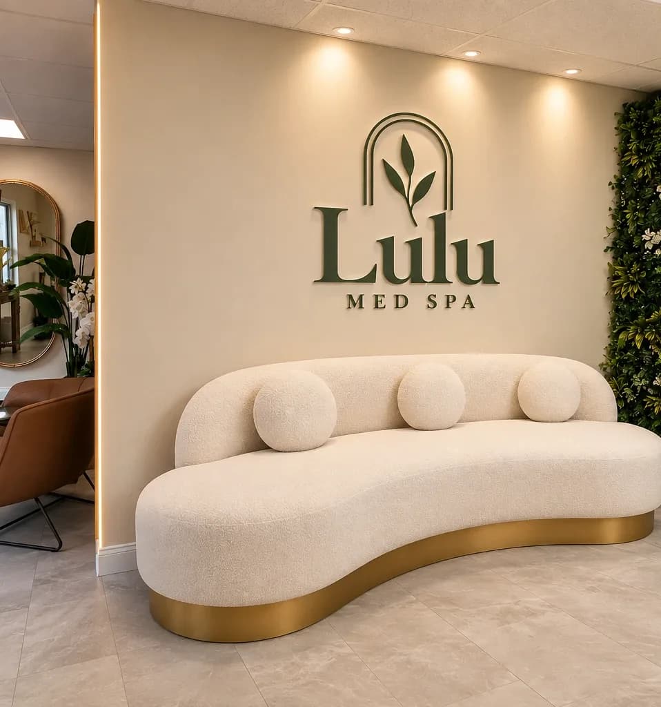 The Lulu Med Spa lounge with a curved ivory sofa beneath the illuminated logo