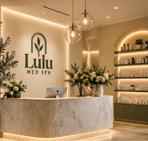 Reception desk in marble beneath the Lulu Med Spa logo